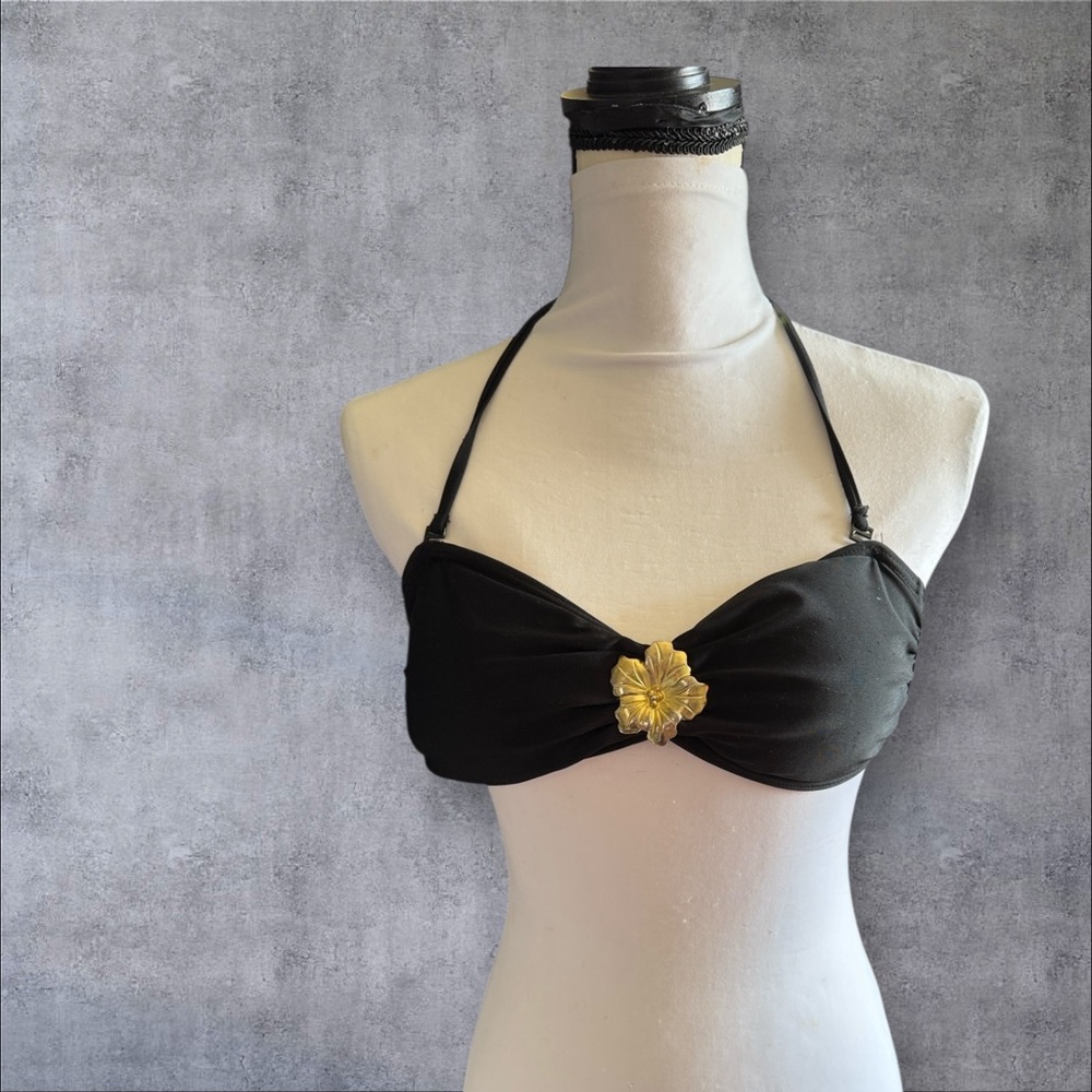 Black Halter Bikini Top with Gold Flower Accent